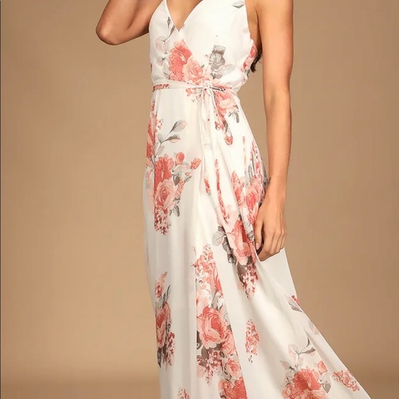Wore once.  Elegantly Inclined Cream Floral Print Wrap Maxi Dress - Picture 2 of 3